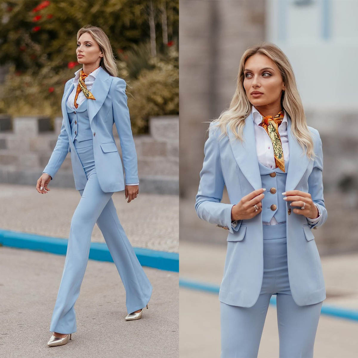 Women Formal Wear With Tie - Женский деловой костюм небесно-голубого цвета с