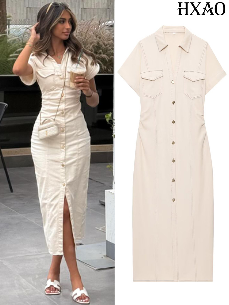 Women Formal Office Wear Tops - HXAO Джинсовое женское платье на пуговицах