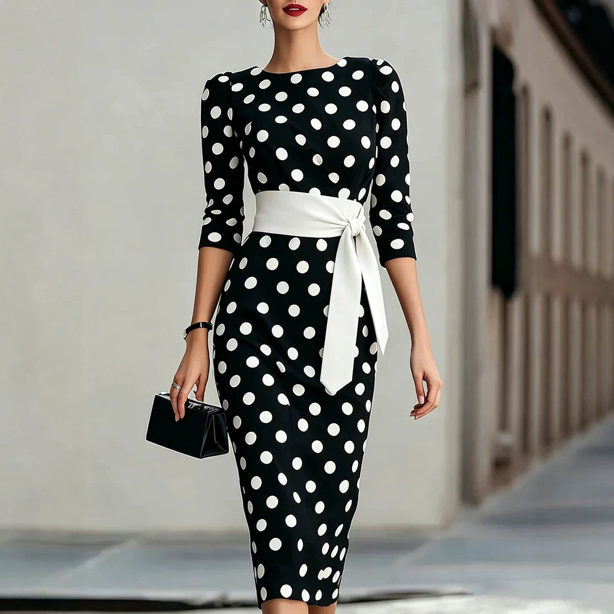 Women Formal Office Wear Tops - Элегантное женское черно-белое платье миди в