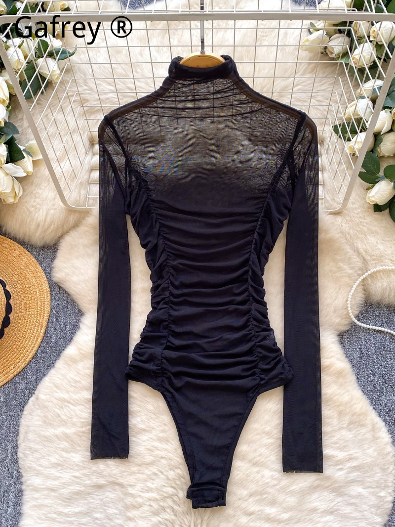 Turtleneck Bodysuit Office - Сексуальный серый сетчатый боди с драпировкой
