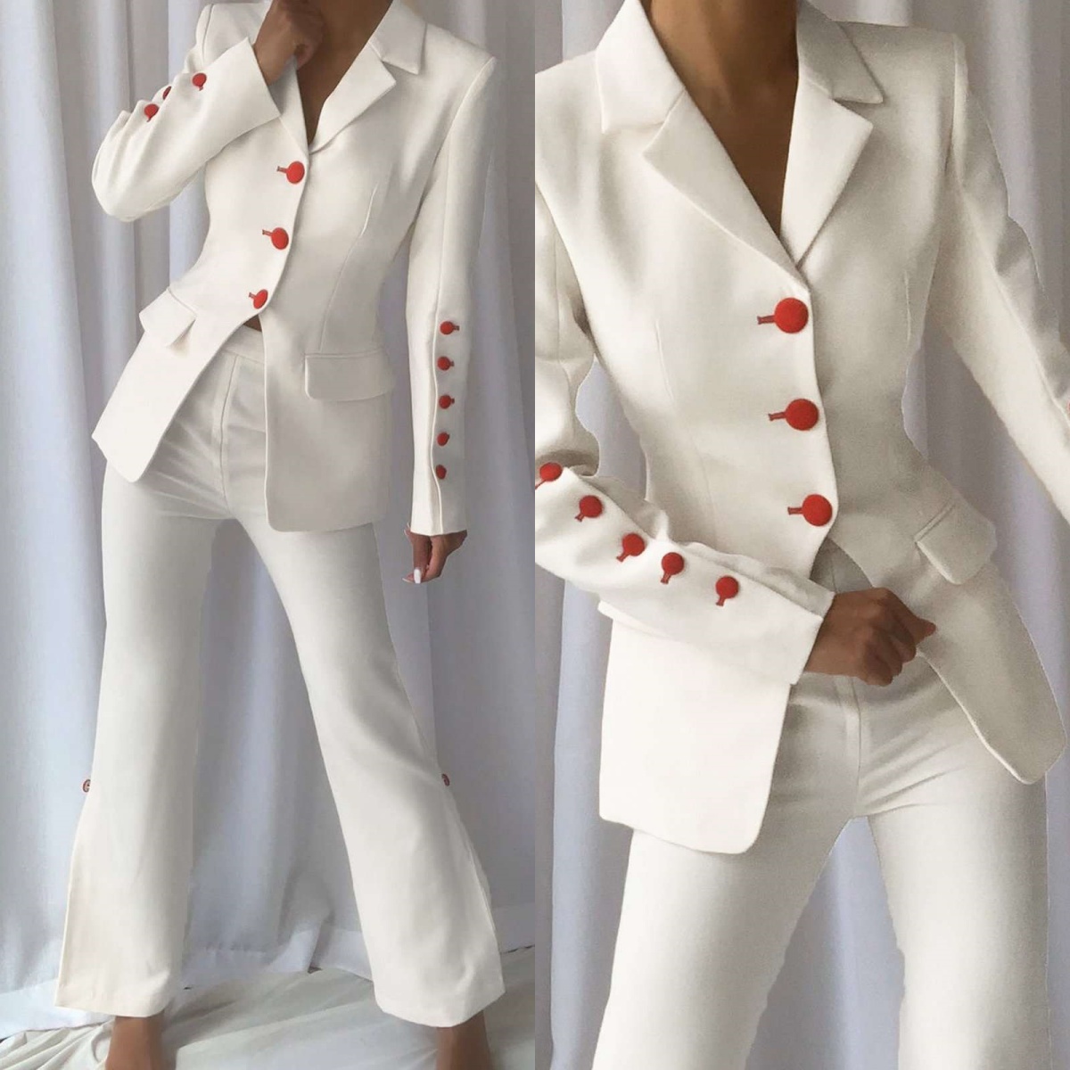 Women Formal Wear With Tie - Красно-белый женский офисный костюм: однобортный блейзер