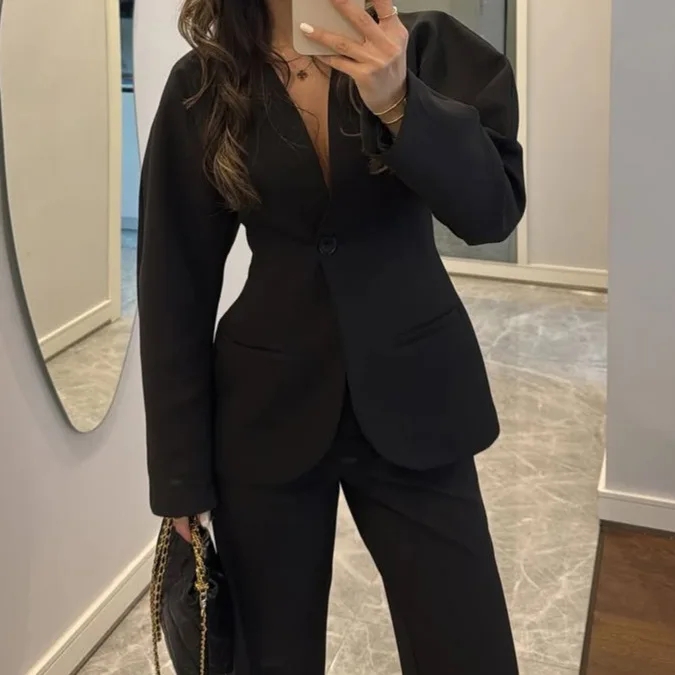 Women Formal Wear With Tie - Новый женский черный брючный костюм с