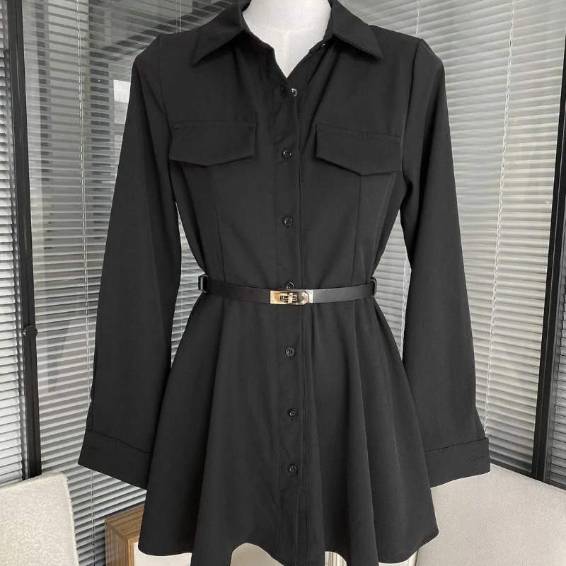 Women Formal Wear Stitching - Женское черное платье-рубашка с длинным рукавом