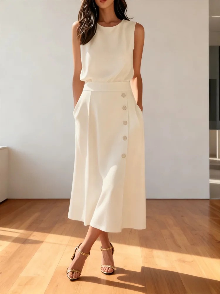 Women Formal Office Wear Tops - Женское белое платье миди с завышенной